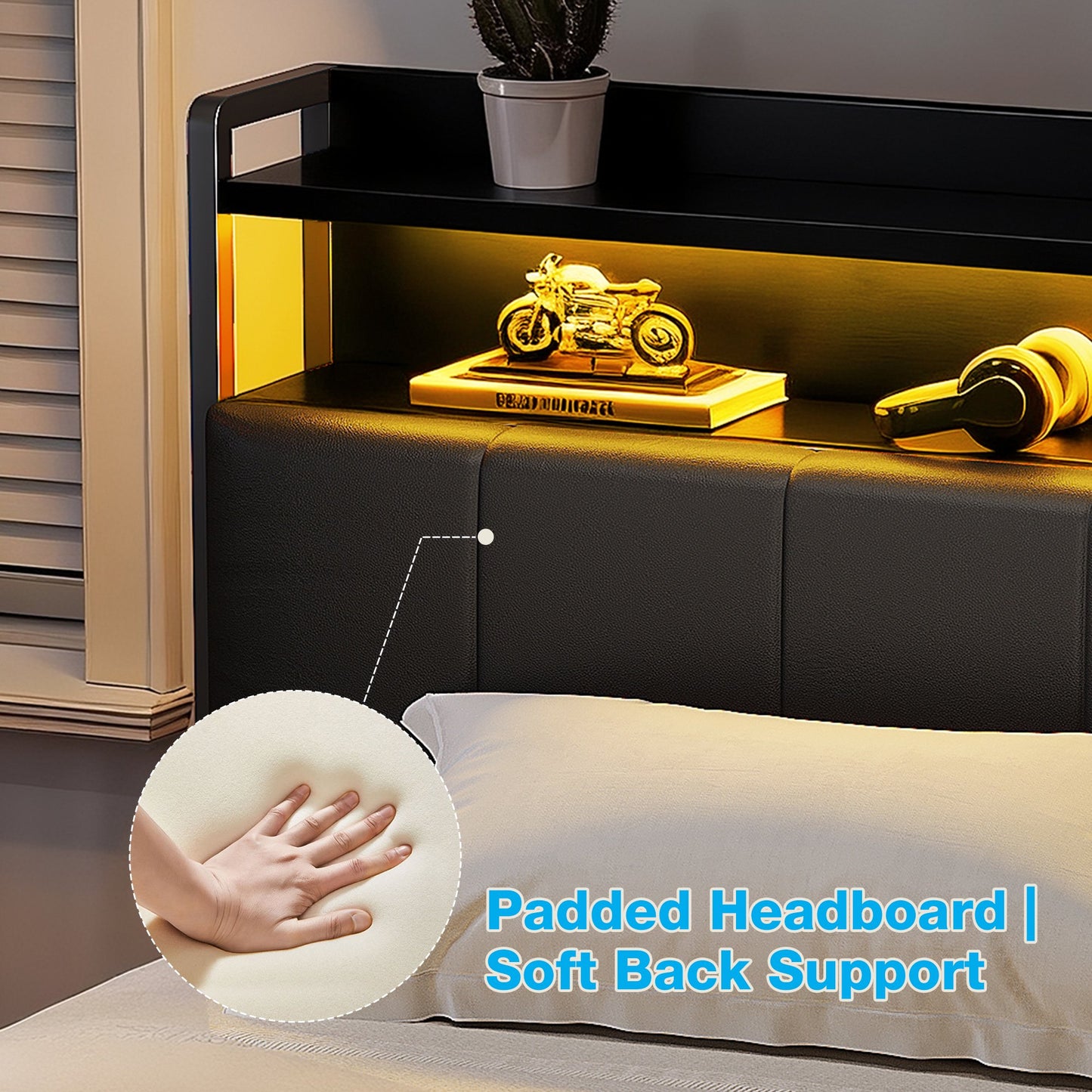 Bed Frame Twin Size with Storage Headboard and Drawer, Upholstered Platform Bed with Charging Station and LED Light, Heavy Duty Frame Support, No Box Spring Needed, Noise Free, Black