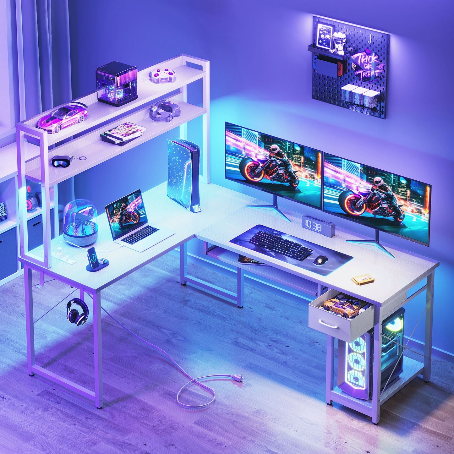 59" Reversible L-Shaped Gaming Desk with Power Outlets & LED Lights, Office Desk with Storage Drawer & Keyboard Tray for Home Office, Corner Computer Desk with Hutch, White