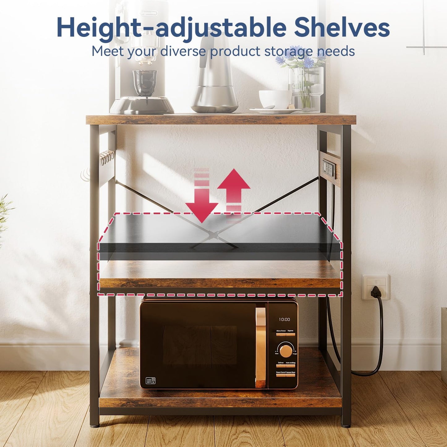 Bakers Rack with Power Outlet & LED Lights, Coffee Bar with Storage 5-Tiers, Microwave Stand Kitchen Shelf 16.5 * 23.6 * 59 inches, Kitchen Coffee Rack, Rustic Brown