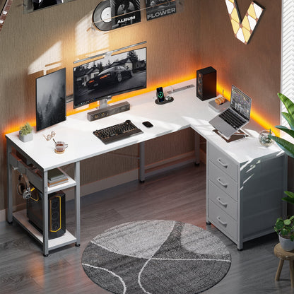 Reversible Modern Simple Style L Shaped Desk with Charging Station and Drawers, Pure White