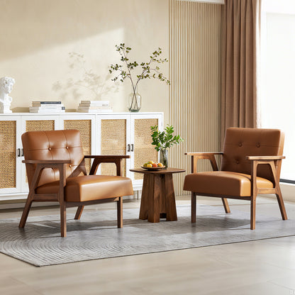 Casacomoda PU Leather Accent Chair Mid Century Comfy Cozy Chair with Solid Wood Legs, Modern Arm Reading Chair with Button Tufted Back for Living Room Bedroom, Brown