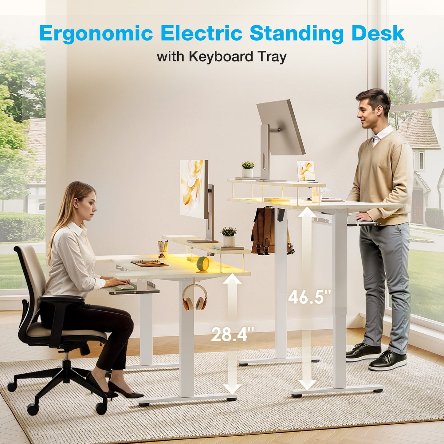Casacomoda 55 inch U Shaped Electric Standing Desk with Keyboard Tray, Height Adjustable Desk with Power Outlets & LED Lights, Sit Stand Table with Monitor Stand for Home, Office, White