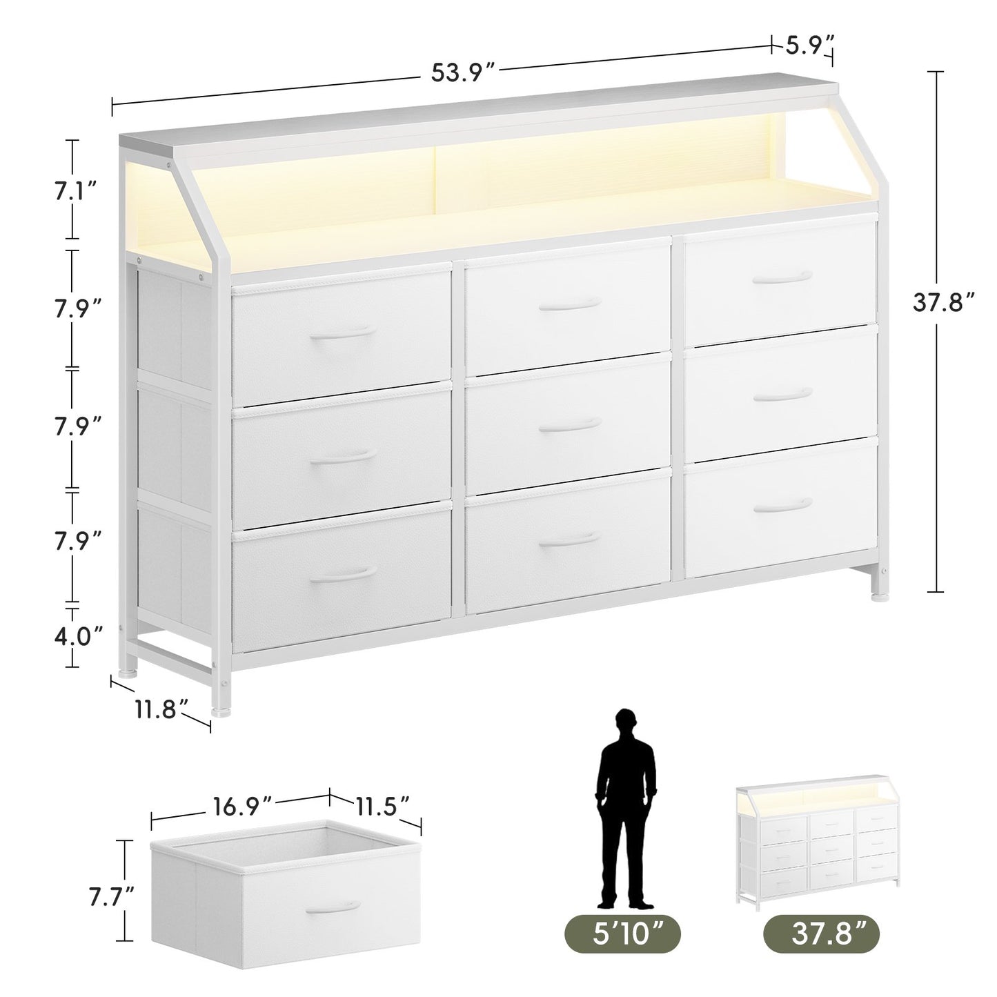 Casacomoda 55 inch Dresser with LED Lights, Dresser for Bedroom with 9 Storage Drawers, White
