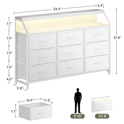 Casacomoda 55 inch Dresser with LED Lights, Dresser for Bedroom with 9 Storage Drawers, White