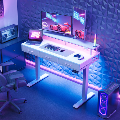 Casacomoda 48“ Electric Standing Desk with Power Outlets and LED Lights, Adjustable Height Sit Stand Desk with Monitor Shelf & 3 Fabric Drawers for Home Office, White