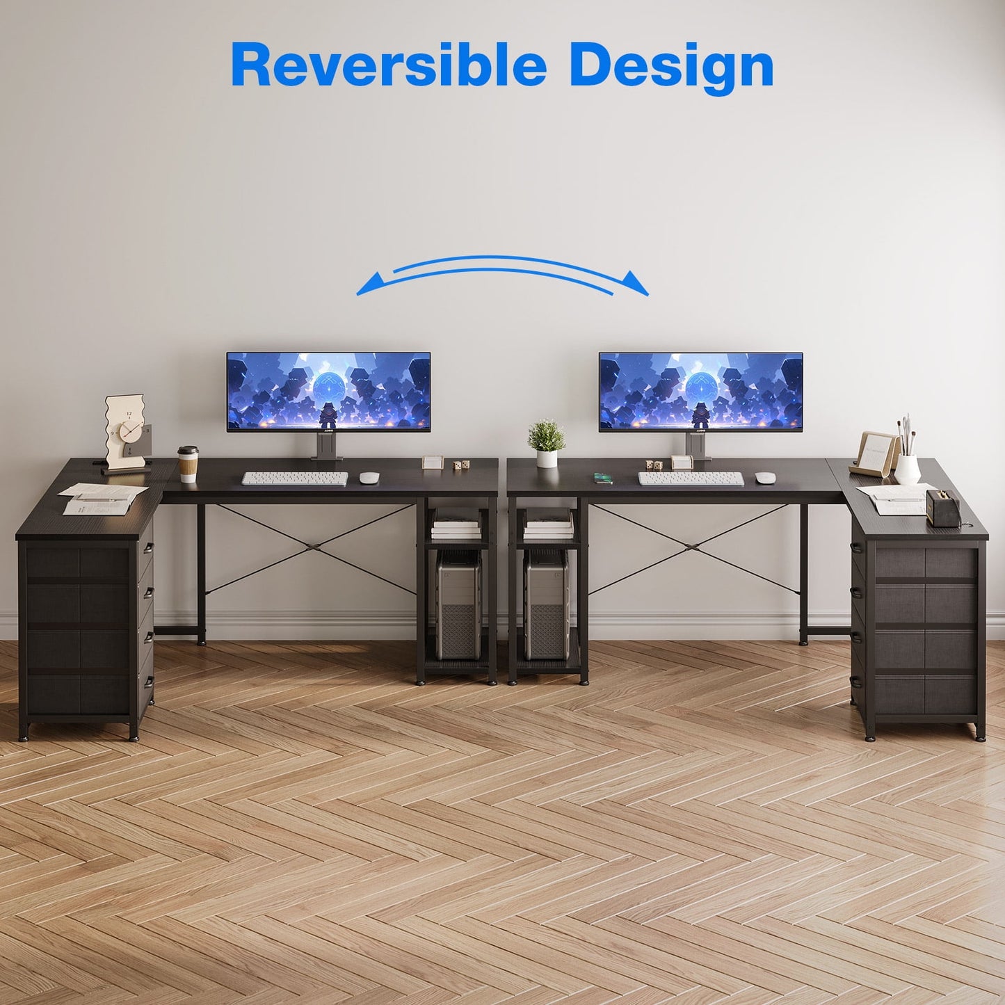 Reversible Modern Simple Style L Shaped Desk with Charging Station and Drawers, Pure Black