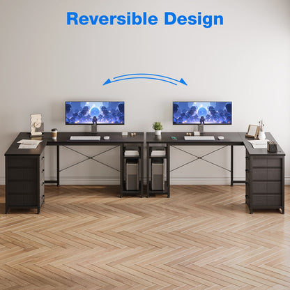 Reversible Modern Simple Style L Shaped Desk with Charging Station and Drawers, Pure Black