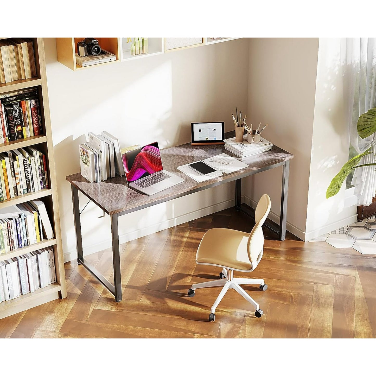 Casacomoda 54 inch Computer Desk with Headphone Hooks, Home Office Desk for Large Spaces, Simple Modern Desk for Studying & Writing, Grey Oak