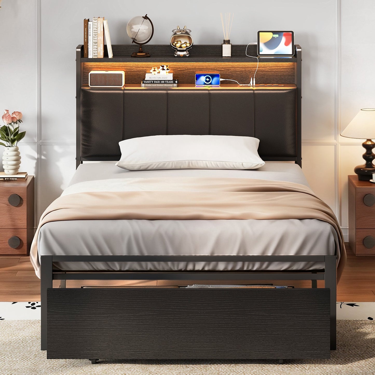 Bed Frame Twin Size with Storage Headboard and Drawer, Upholstered Platform Bed with Charging Station and LED Light, Heavy Duty Frame Support, No Box Spring Needed, Noise Free, Black