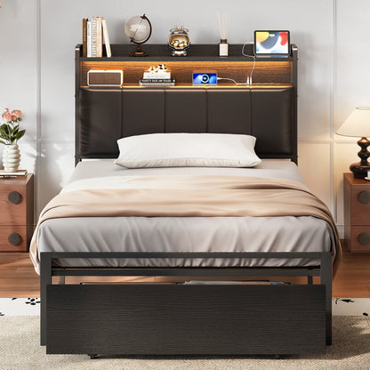Bed Frame Twin Size with Storage Headboard and Drawer, Upholstered Platform Bed with Charging Station and LED Light, Heavy Duty Frame Support, No Box Spring Needed, Noise Free, Black