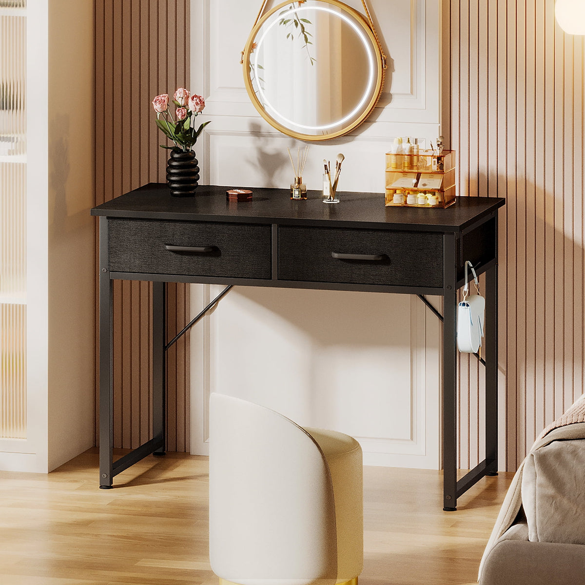 Casacomoda 32 Inch Writing Desk with 2 Fabric Drawers, Modern Study Table with Storage, Small Computer Desk for Small Space, Home Office Desk, Black