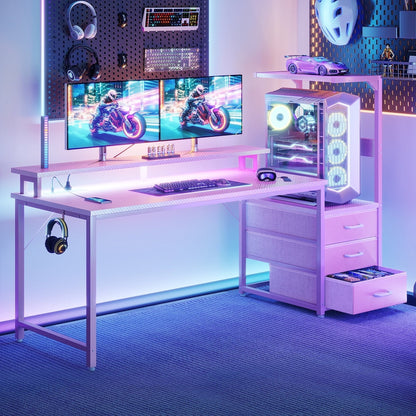 59" Gaming Desk with RGB LED Lights & Monitor Stand, Computer Desk with CPU Stand & Power Outlet, Home Office Desk with Storage Drawers, Pink