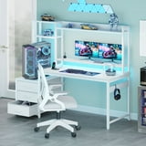 Casacomoda 48 inch Gaming Desk with LED Lights & Power Outlets, Home Office Desk with Reversible Storage Drawers & Monitor Shelves, Gaming Table for Small Space, White