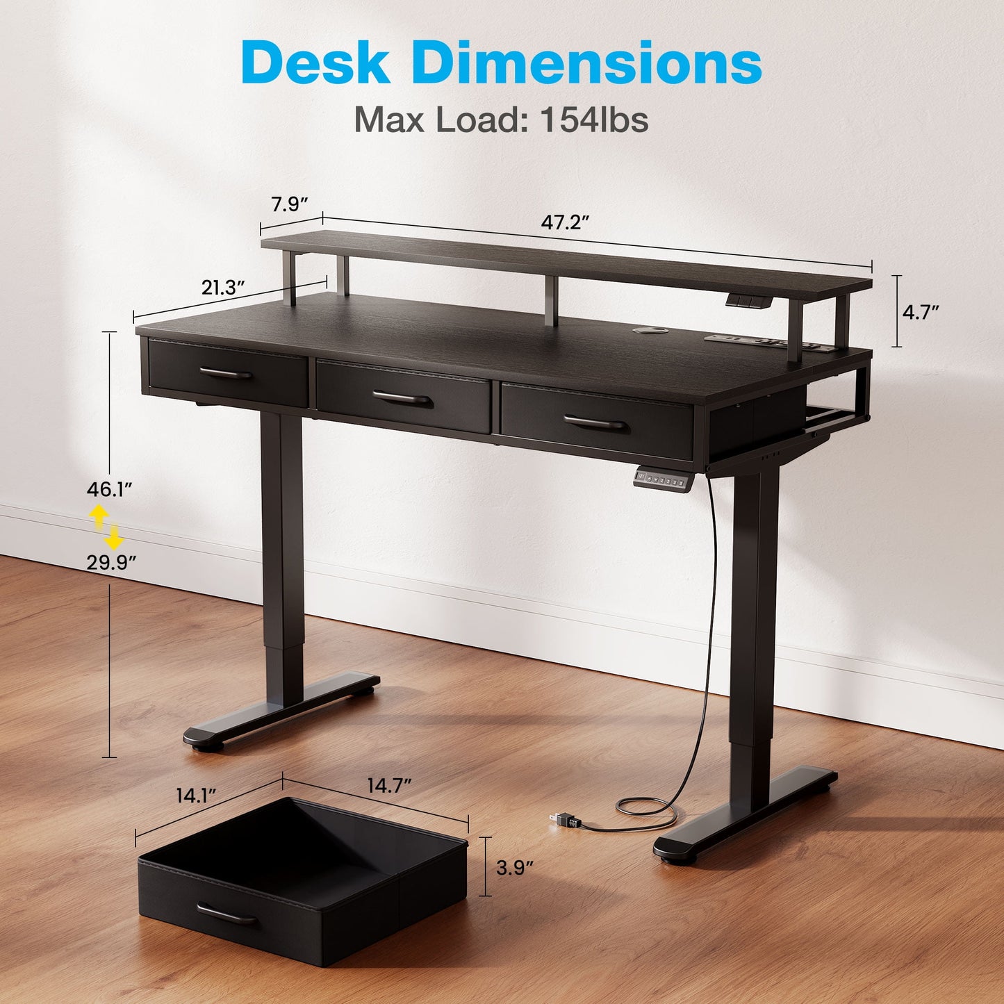 Casacomoda 48“ Electric Standing Desk with Power Outlets and LED Lights, Adjustable Height Sit Stand Desk with Monitor Shelf & 3 Fabric Drawers for Home Office, Black