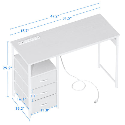 48 inch Computer Desk with Power Outlets, Home Office Desk with 3 Drawers, Writing Desk, Vanity Desk for bedroom, White