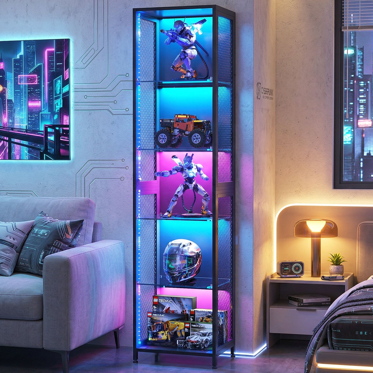 Casacomoda 5-Tier LED Display Cabinet, Gaming Glass Shelf Curio Cabinet with RGB Lights, Open Glass Corner Storage Shelf for Collectibles, Figures, Gaming Room & Living Room, Black