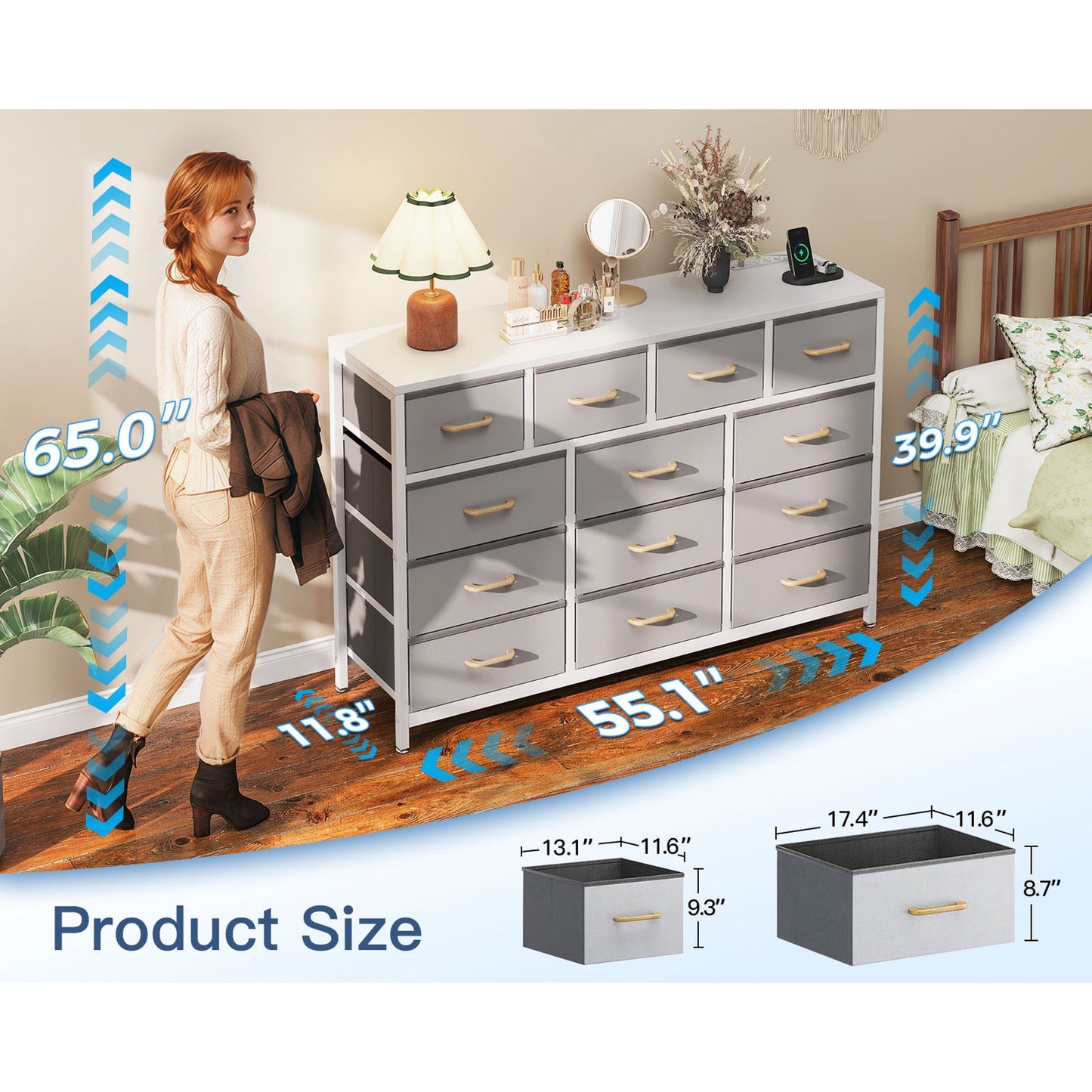 Casacomoda 55-Inch Wood Dresser with 13 Storage Drawers & Built-in Power Outlets, Large Bedroom Dresser and TV Stand, Light Grey