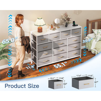 Casacomoda 55-Inch Wood Dresser with 13 Storage Drawers & Built-in Power Outlets, Large Bedroom Dresser and TV Stand, Light Grey