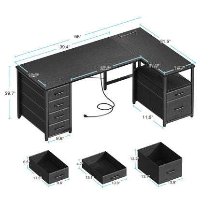 Casacomoda 55 inch Computer Desk with 5 Drawers and File Cabinet for Storage, Office Desk with Storage Shelf & Power Outlets, Home Office Desks, Black