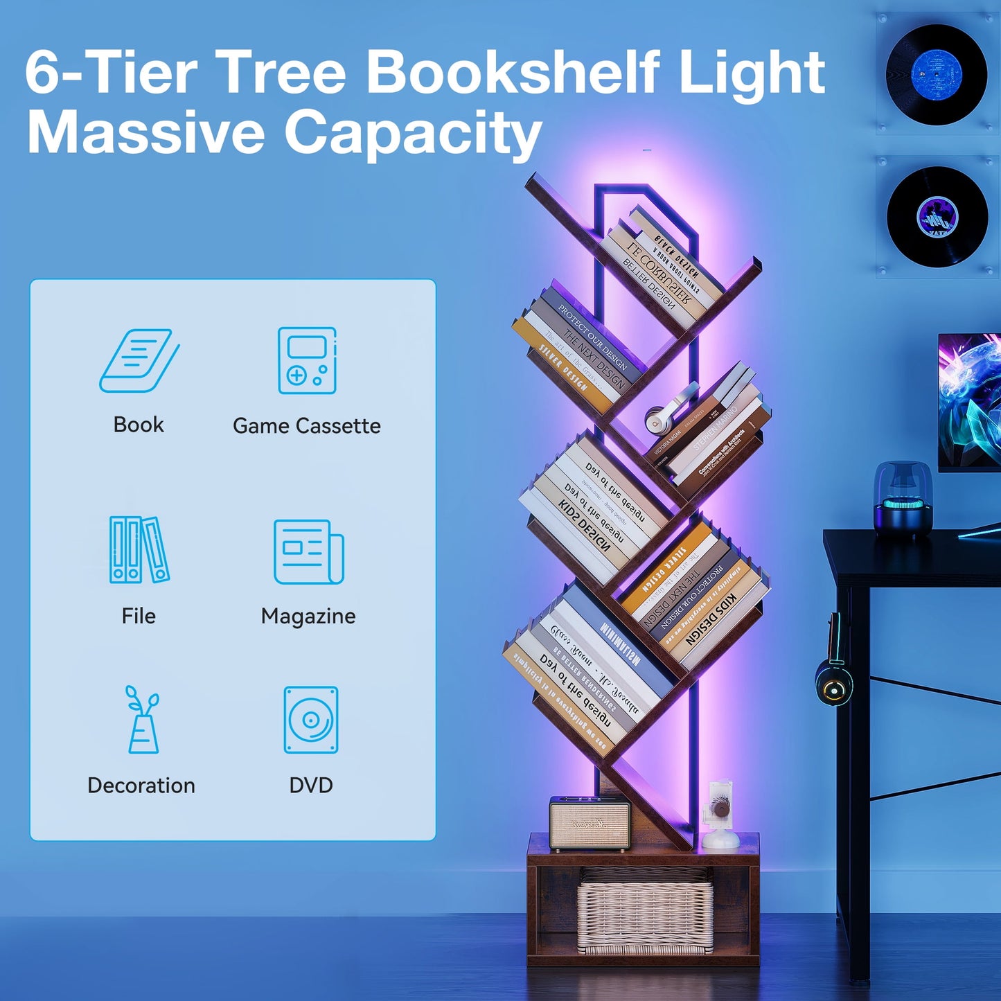 Casacomoda 6-Tier Tree Floor Lamp with Integrated LED Shelving, Modern Display Stand for Living Room & Home Office, Vintage
