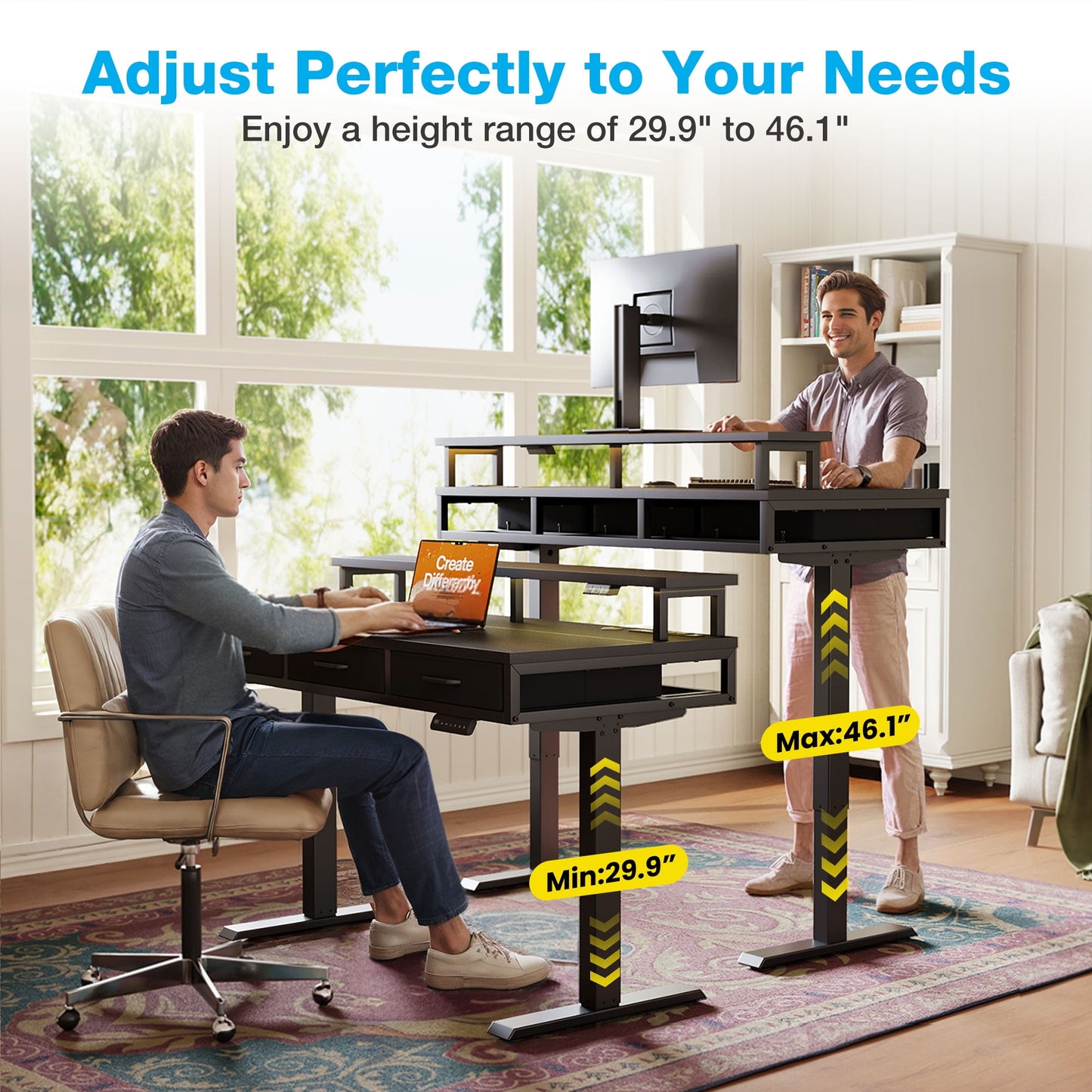 Casacomoda 55 inch Electric Standing Desk with Power Outlets and LED Lights, Adjustable Height Sit Stand Desk with Monitor Shelf & 3 Fabric Drawers for Home Office, Black