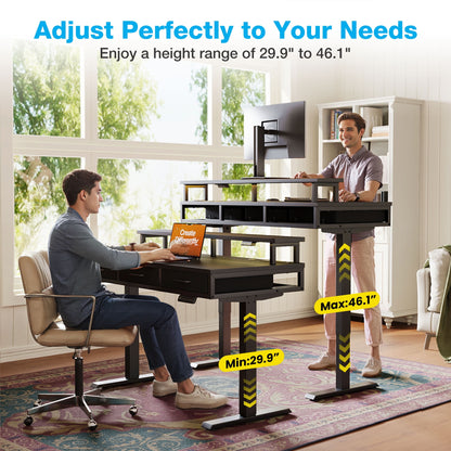 Casacomoda 55 inch Electric Standing Desk with Power Outlets and LED Lights, Adjustable Height Sit Stand Desk with Monitor Shelf & 3 Fabric Drawers for Home Office, Black