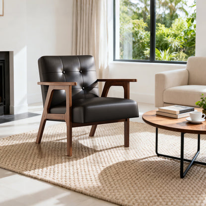 Casacomoda PU Leather Accent Chair Mid Century Comfy Cozy Chair with Solid Wood Legs, Modern Arm Reading Chair with Button Tufted Back for Living Room Bedroom, Black