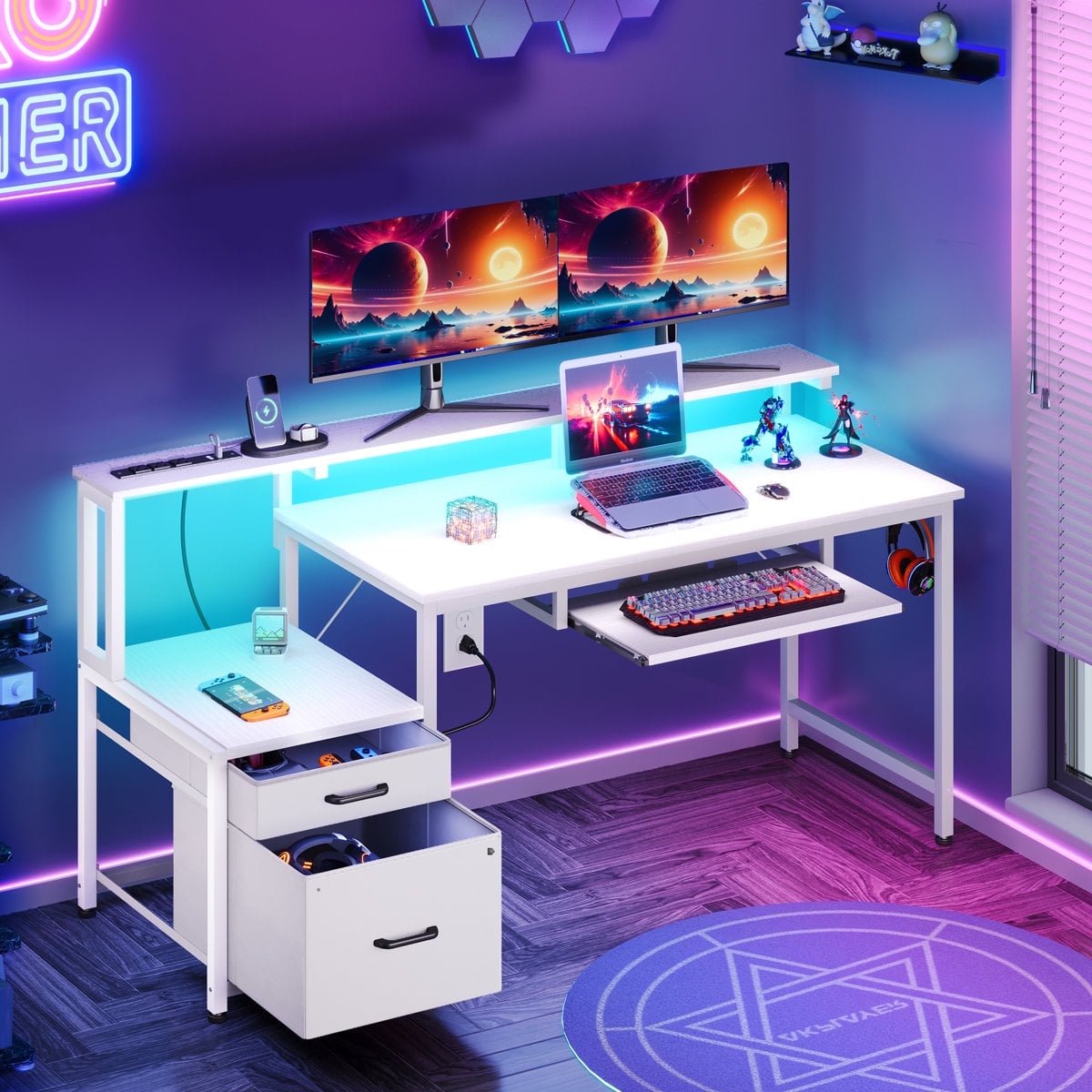 Casacomoda Computer Desk with Power Outlets, Workstation with Monitor Shelf & File Cabinet, Home Office Desk with LED Light & Print Stand, Reversible, White
