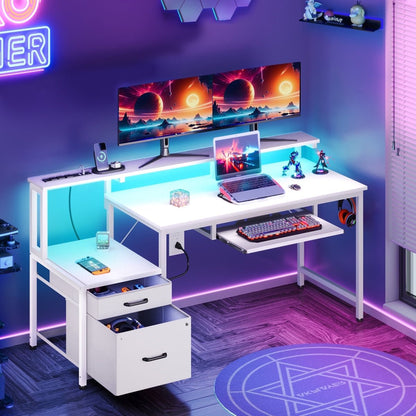 Casacomoda Computer Desk with Power Outlets, Workstation with Monitor Shelf & File Cabinet, Home Office Desk with LED Light & Print Stand, Reversible, White