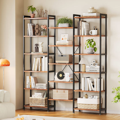Casacomoda Triple Wide 6 Tier Bookshelf, Rustic Industrial Style Bookcases with 15 Open Display Shelves, Modern Tall Bookcase Furniture for Bedroom, Living Room and Home Office, Rustic Brown