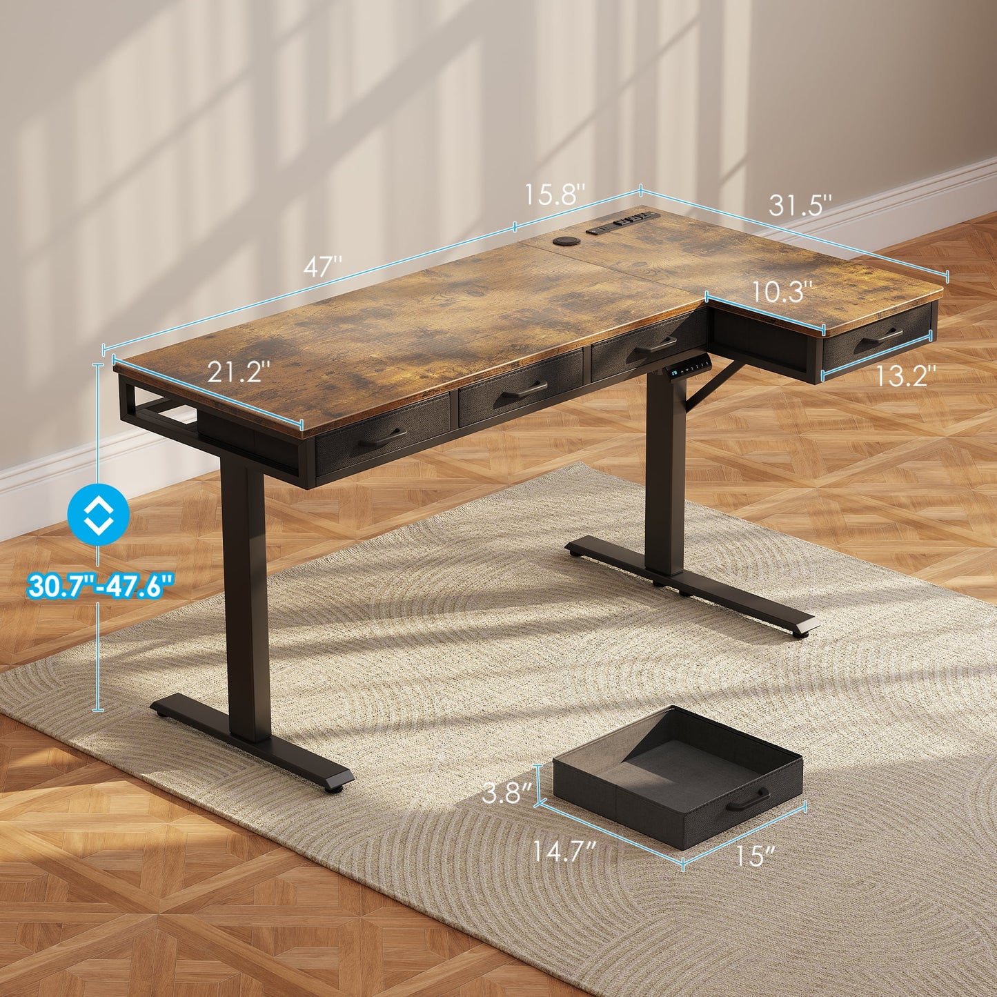 Electric Standing Desk with Drawers, 63 Inch Height Adjustable Desk with Power Outlets, Sit Stand Table, Writing Computer Desk for Home, Office, Workstation, Rustic Brown