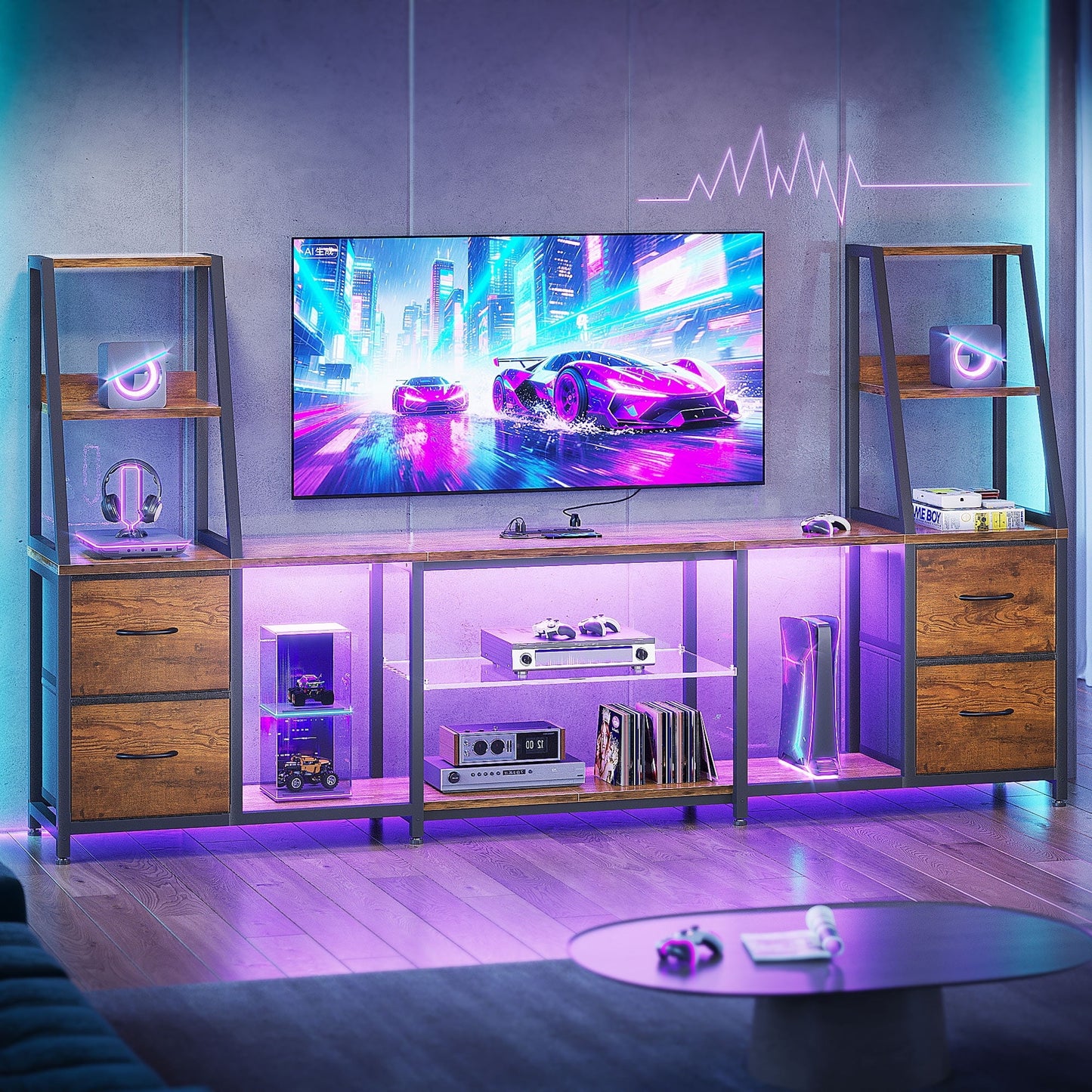Casacomoda TV Stand for up to 65 Inch TV, 87" Entertainment Center with Power Outlets & LED Lights, Modern Media Console with Glass Shelf & 4 Fabric Drawers for Living Room Bedroom, Vintage