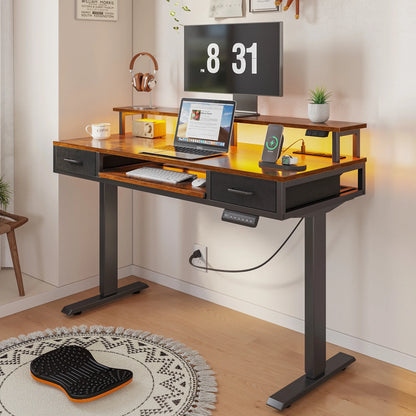 Casacomoda 47 inch Electric Standing Desk with Drawers & Keyboard Tray, Height Adjustable Gaming Desk with Power Outlets & LED Lights, Sit Stand Table with Monitor Stand for Home, Office, Vintage