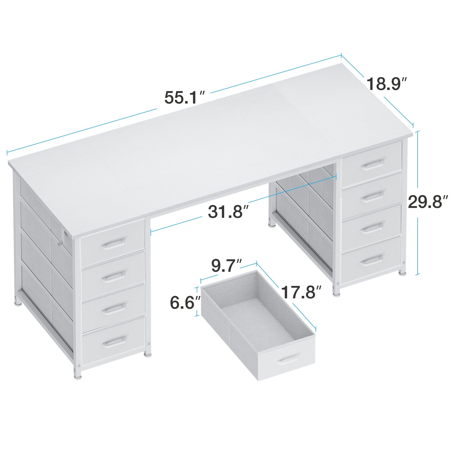 White Computer Desk with Drawers for Storage - 55 inch Home Office Desk with 8 Fabric Drawers, Writing Study Desk with Drawers on Both Sides for Bedroom