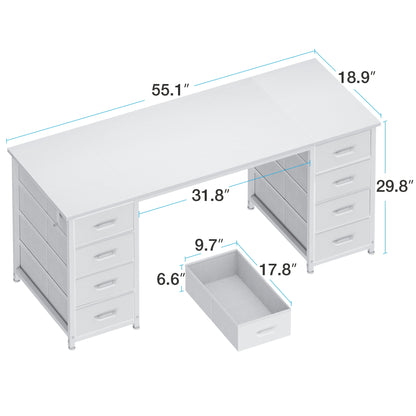 White Computer Desk with Drawers for Storage - 55 inch Home Office Desk with 8 Fabric Drawers, Writing Study Desk with Drawers on Both Sides for Bedroom