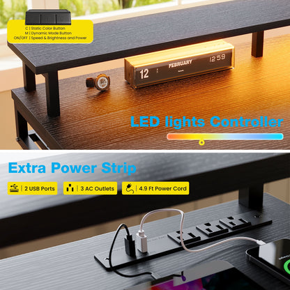 Casacomoda 63“ Electric Standing Desk with Power Outlets and LED Lights, Adjustable Height Sit Stand Desk with Monitor Shelf & 3 Fabric Drawers for Home Office, Black