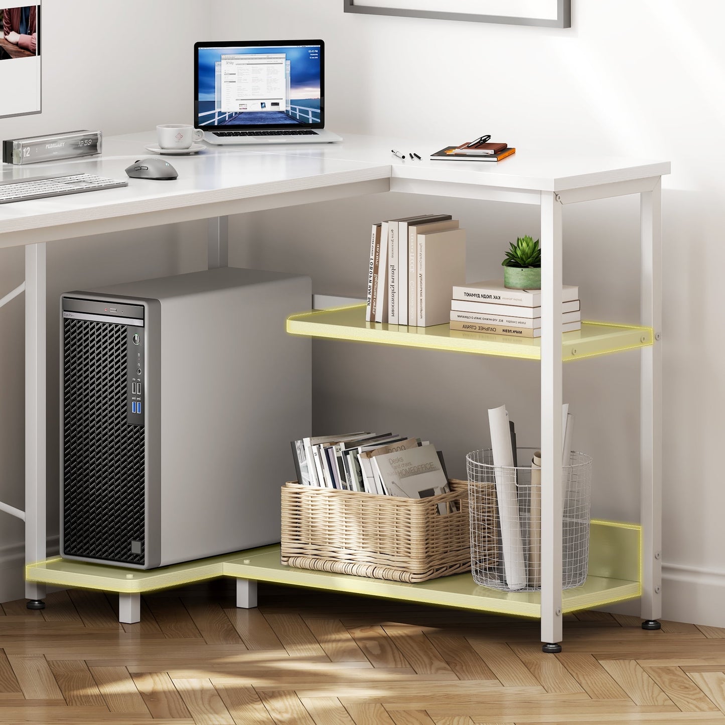 Casacomoda 48 Inch L Shaped Computer Desk with Power Outlet Shelves, Reversible Corner Desk for Small Space Home Office, L-Shaped Desk PC Desks, White