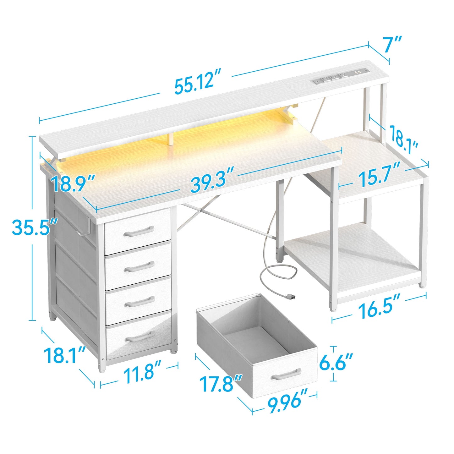 Casacomoda 55 Inch Computer Desk with USB Ports and Power Outlets, Printer Shelf & Built-in LED, 4 Drawers & Storage Shelf, Home Office Desks, White