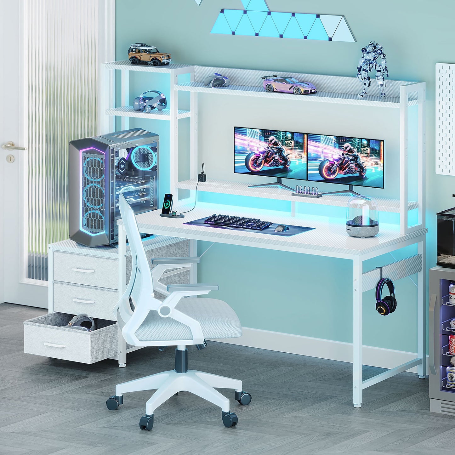 Casacomoda 55 inch Gaming Desk with LED Lights & Power Outlets, Home Office Desk with Reversible Storage Drawers & Monitor Shelves,White