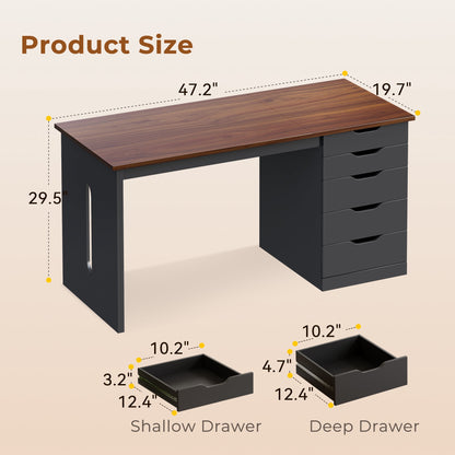 Casacomoda 47” Home Office Desk with 5 Drawers, Compact Writing Desk with Storage, Modern Computer Desk for Bedroom, Study Room and Small Spaces