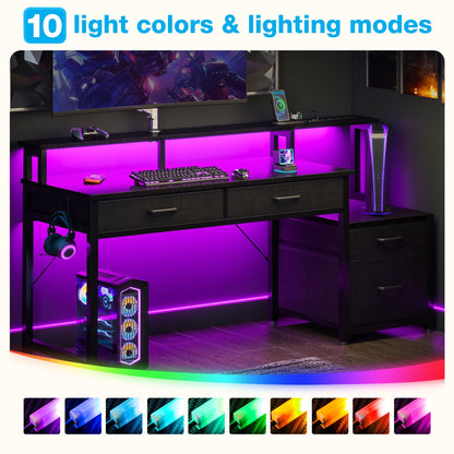 Computer Desk with 4 Drawers, 48 Inch Reversible Desk with Led Lights & Power Outlet, Home Office Desk with File Drawer & Monitor Stand, Black