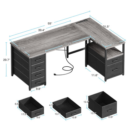 Casacomoda 55 inch Computer Desk with 5 Drawers and File Cabinet for Storage, Office Desk with Storage Shelf & Power Outlets, Home Office Desks, Gray Oak