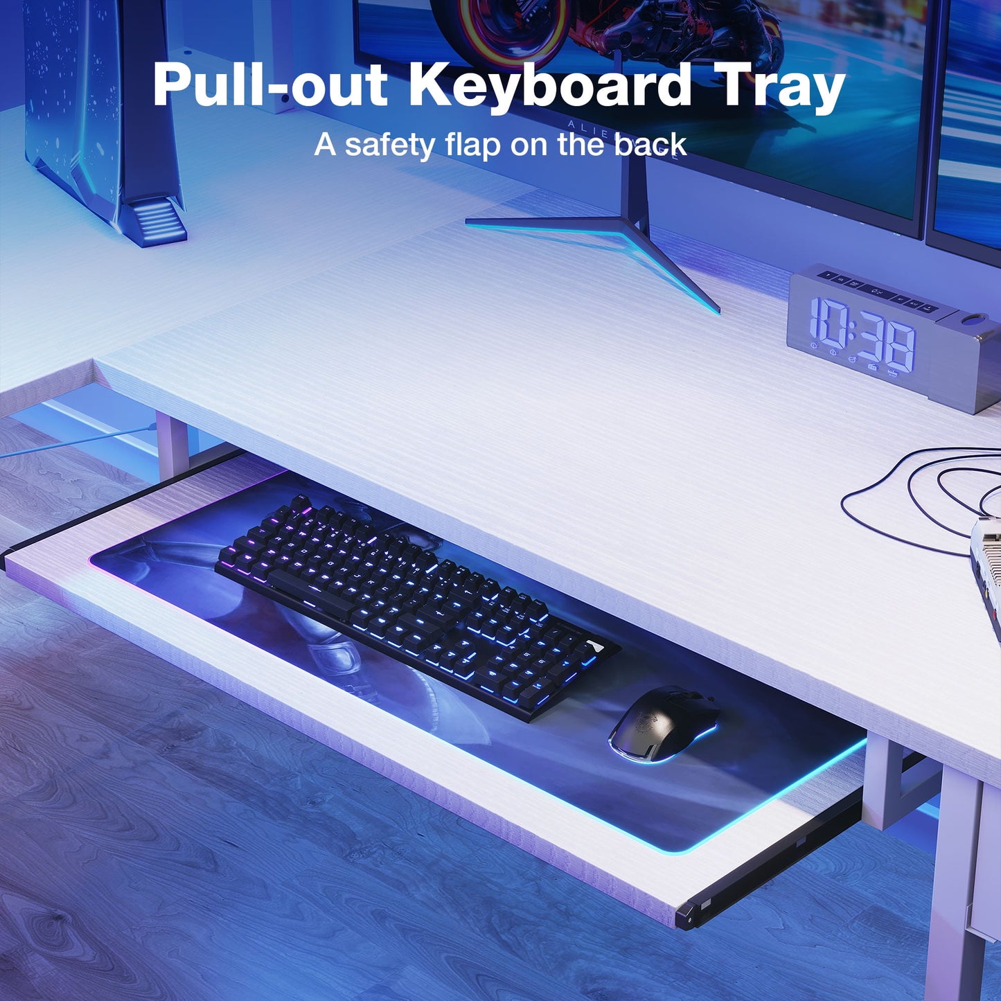 59" Reversible L-Shaped Gaming Desk with Power Outlets & LED Lights, Office Desk with Storage Drawer & Keyboard Tray for Home Office, Corner Computer Desk with Hutch, White