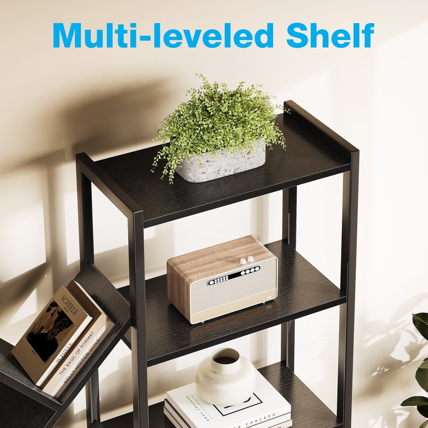 Triple 5-Tier Bookshelf with LED Lights for Living Room, 17 Open Shelves Large Bookcase with App Control RGB Light Strip, Modern Tree Design Storage Shelf with Metal Frame, Black