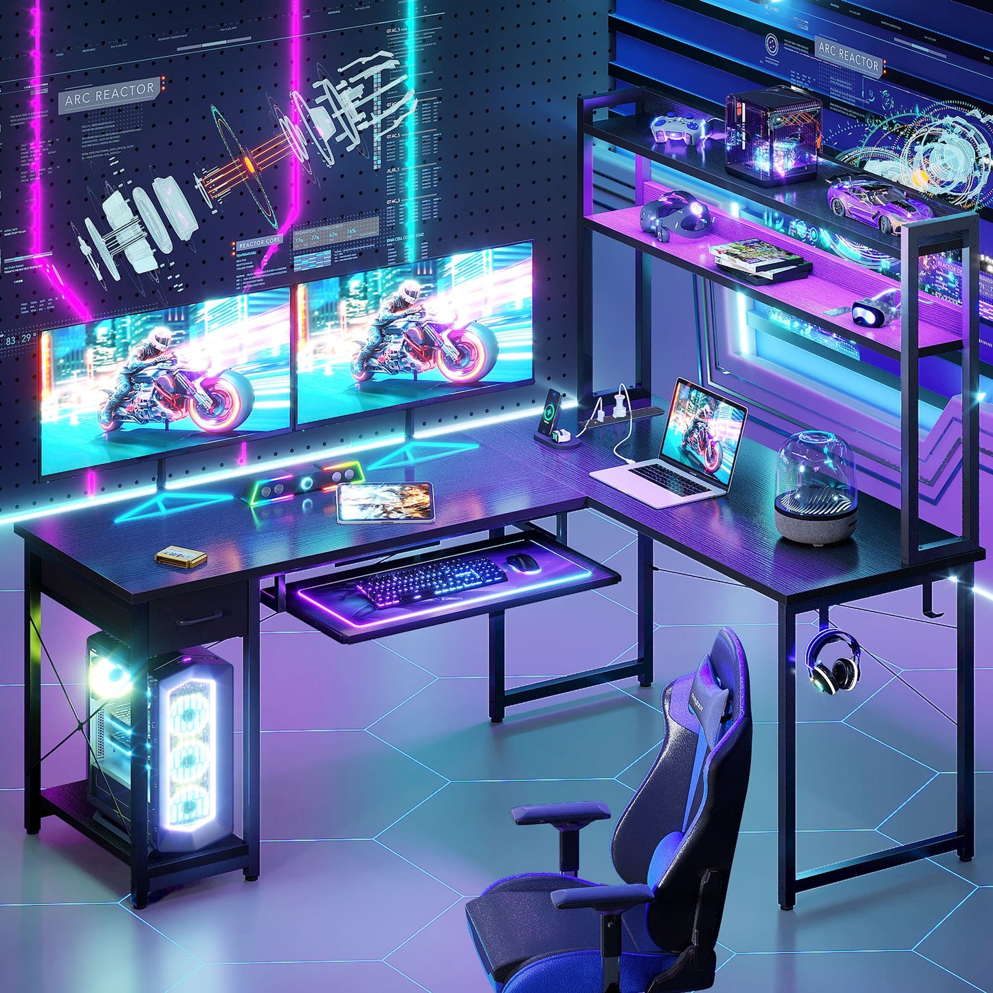 59" Reversible L-Shaped Gaming Desk with Power Outlets & LED Lights, Office Desk with Storage Drawer & Keyboard Tray for Home Office, Corner Computer Desk with Hutch, Pure Black