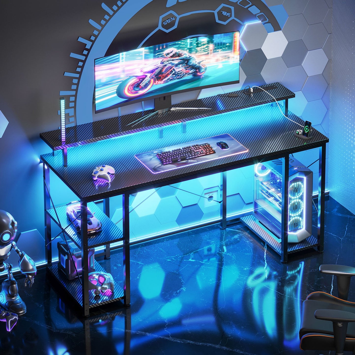 Casacomoda 48 inch Gaming Desk with LED Lights & Power Outlets, Computer Desk with Monitor Stand & Storage Sheves, CPU Stand, Home Office Desk, Black