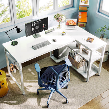 Casacomoda 48 Inch L Shaped Computer Desk with Power Outlet Shelves, Reversible Corner Desk for Small Space Home Office, L-Shaped Desk PC Desks, White
