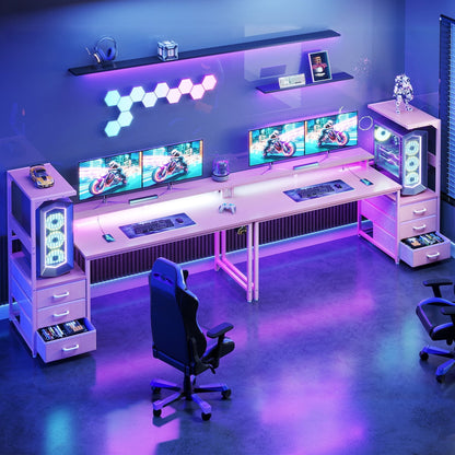 59" Gaming Desk with RGB LED Lights & Monitor Stand, Computer Desk with CPU Stand & Power Outlet, Home Office Desk with Storage Drawers, Pink