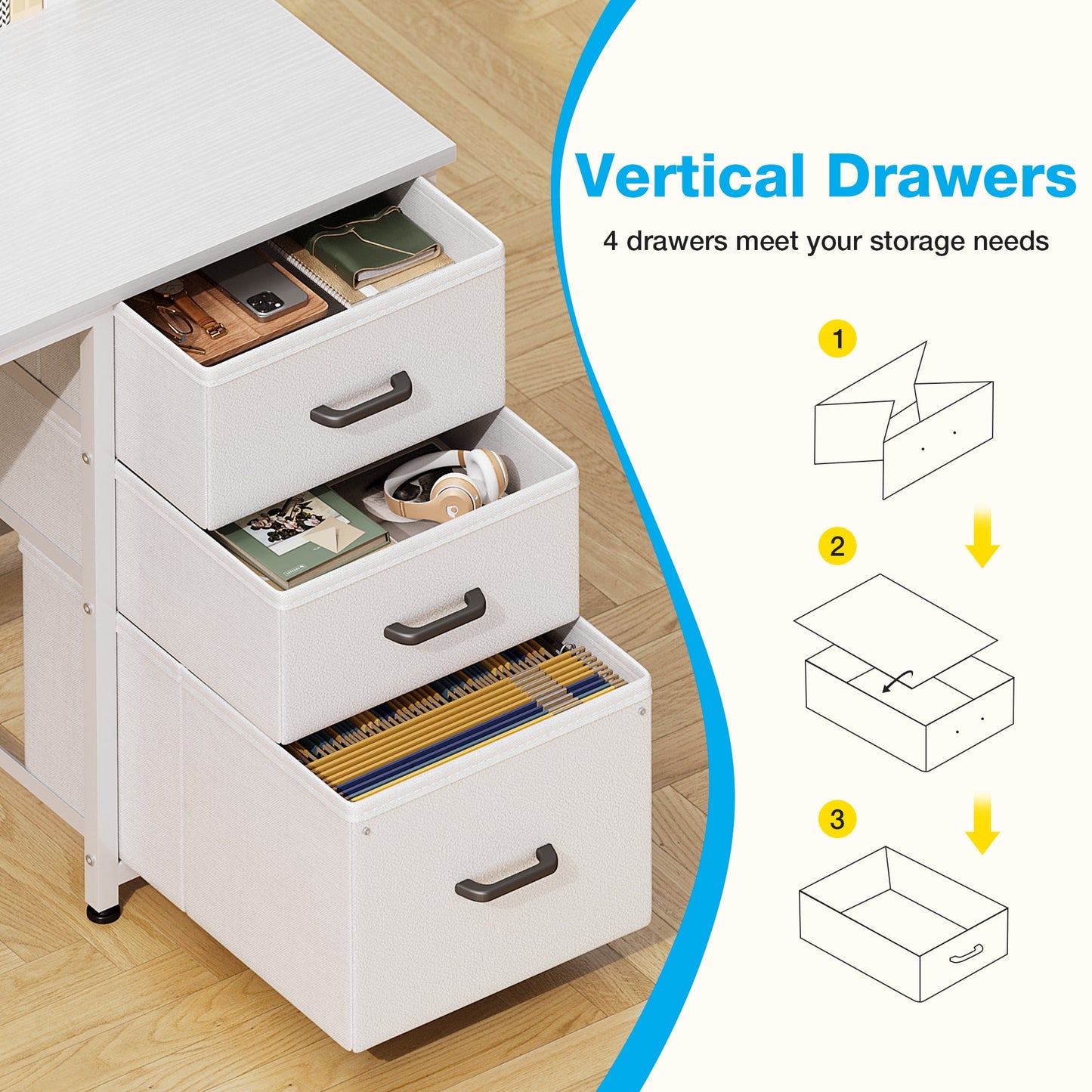 51 Inch Computer Desk with File Drawers & USB Power Outlets- Reversible Home Office Desk with Storage Shelves, Work from Home, Writing Table for Bedroom, White
