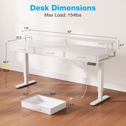 Casacomoda 63” Electric Standing Desk with Power Outlets and LED Lights, Adjustable Height Sit Stand Desk with Monitor Shelf & 3 Fabric Drawers for Home Office, White
